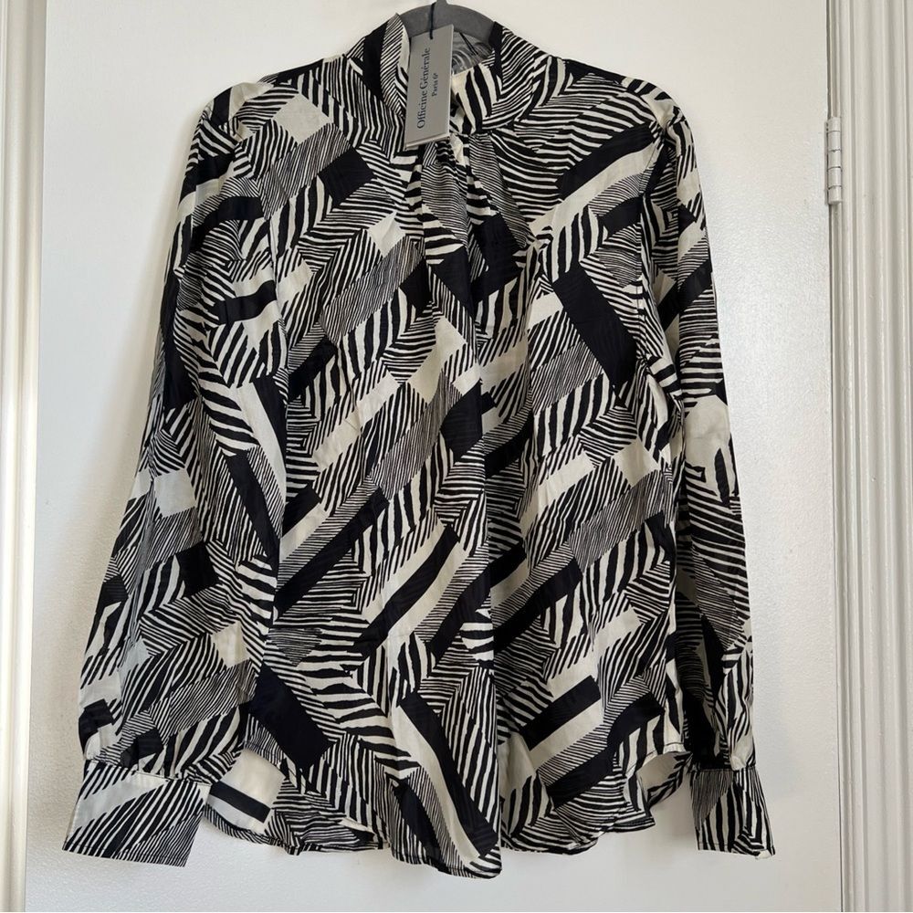 Officine Generale Sz XL Gabrielle Black White Top Geom Blouse Long Sleeve💖NWT